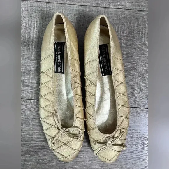 Stuart Weitzman Vintage Gold Braided Gabby Ballet Bow Flats