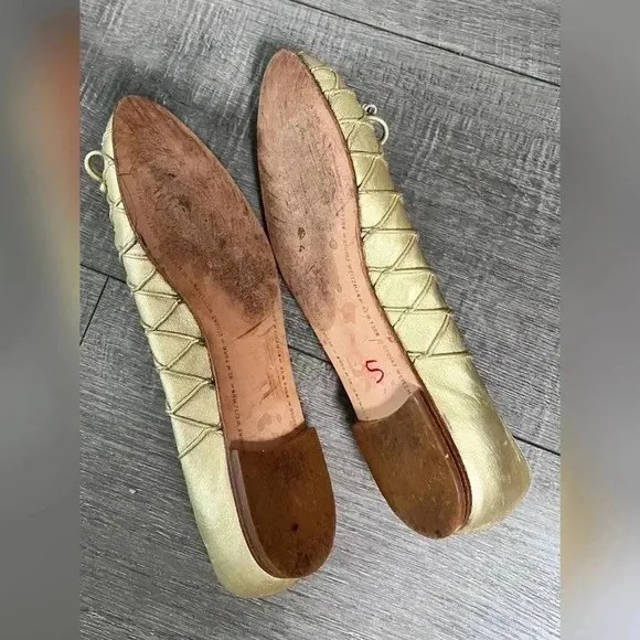 Stuart Weitzman Vintage Gold Braided Gabby Ballet Bow Flats