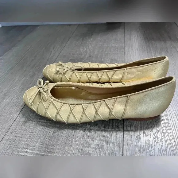 Stuart Weitzman Vintage Gold Braided Gabby Ballet Bow Flats