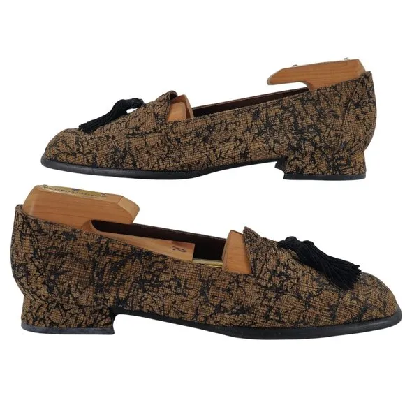 Stuart Weitzman Women's size 6.5AA Brown Black Tweed Dress Shoes Tassel Loafers