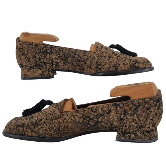 Stuart Weitzman Women's size 6.5AA Brown Black Tweed Dress Shoes Tassel Loafers