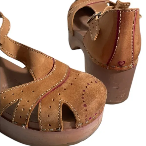 Swedish Hasbeens Leather Tan Wooden Wedge Heels/ Sandals Ankle Strap Toffel