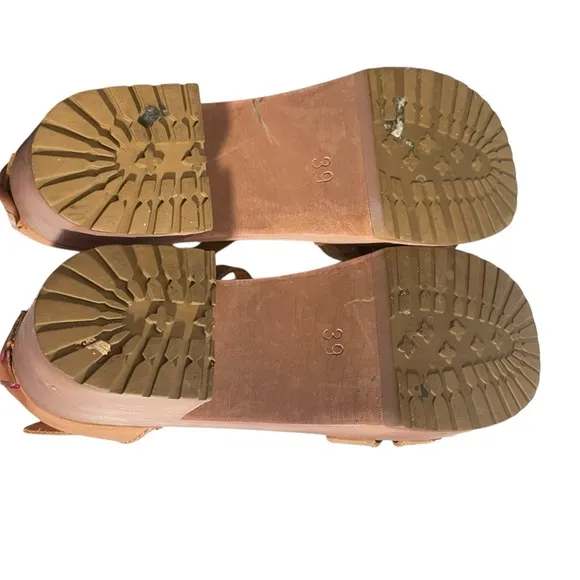 Swedish Hasbeens Leather Tan Wooden Wedge Heels/ Sandals Ankle Strap Toffel