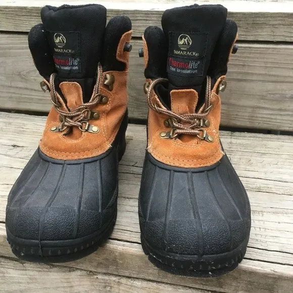 Tamarack Winter Duck Boots Women sz 9 Suede Leather Black Tan Lace Up Thermolite