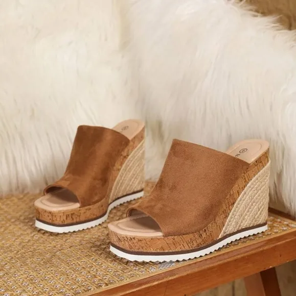 Tan Wedge Espadrille Sandals with Open Toe