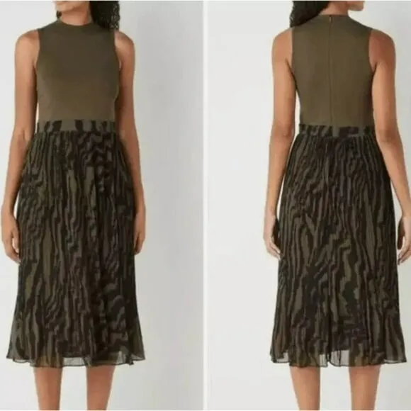 Ted Baker Justnee Pleated Mockable Midi Olive Green Casual Summer Dress Size 4