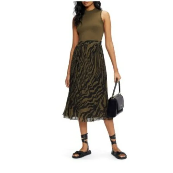 Ted Baker Justnee Pleated Mockable Midi Olive Green Casual Summer Dress Size 4