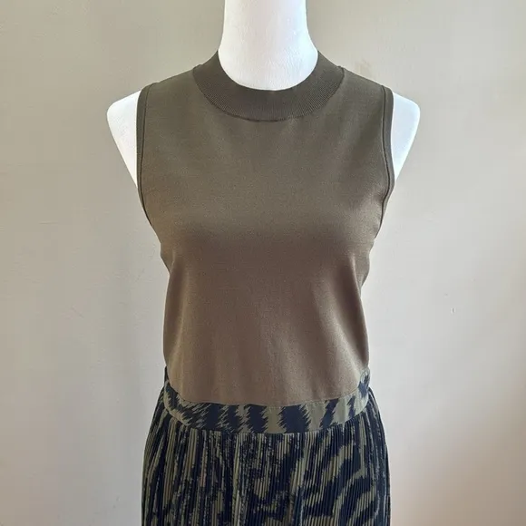 Ted Baker Justnee Pleated Mockable Midi Olive Green Casual Summer Dress Size 4