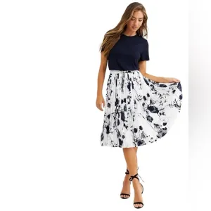 TED BAKER Navy Blue White Floral Bekzi Midi Pleated Dress Size 1 Or US Size 4