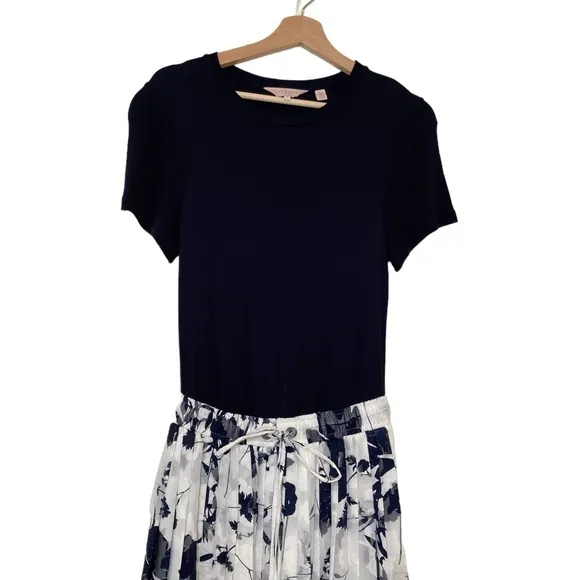 TED BAKER Navy Blue White Floral Bekzi Midi Pleated Dress Size 1 Or US Size 4