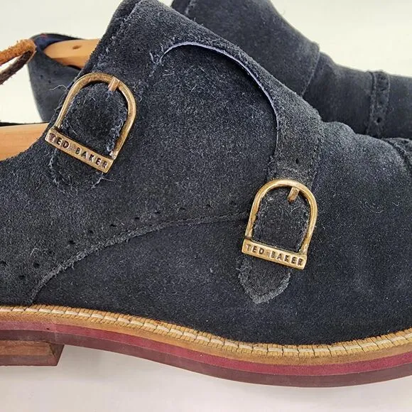Ted Baker Clippt Double Monk Strap Shoes US 10 Black/Navy Suede Dress Derby Shoe