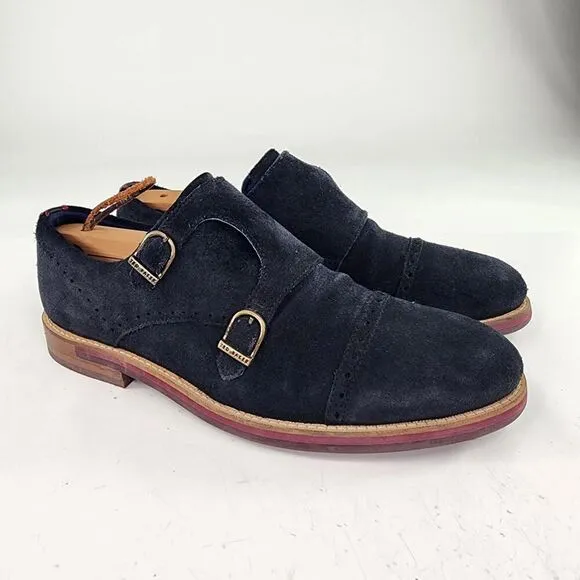 Ted Baker Clippt Double Monk Strap Shoes US 10 Black/Navy Suede Dress Derby Shoe
