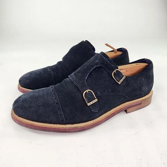 Ted Baker Clippt Double Monk Strap Shoes US 10 Black/Navy Suede Dress Derby Shoe