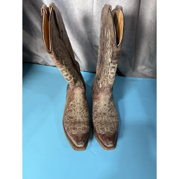 Teens Corral Western Distressed Brush Leather Embroidery Boots Size 4.5