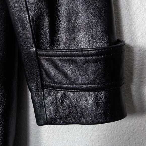 Tibor Leathers Women’s Black Leather Trench Coat Belt Loops Button Tab Cuff M