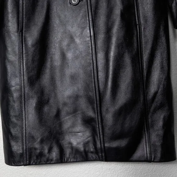 Tibor Leathers Women’s Black Leather Trench Coat Belt Loops Button Tab Cuff M