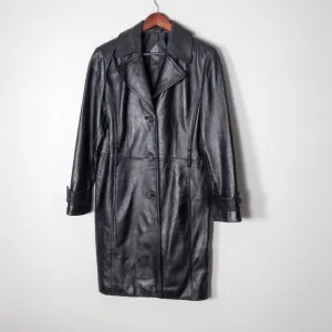 Tibor Leathers Women’s Black Leather Trench Coat Belt Loops Button Tab Cuff M