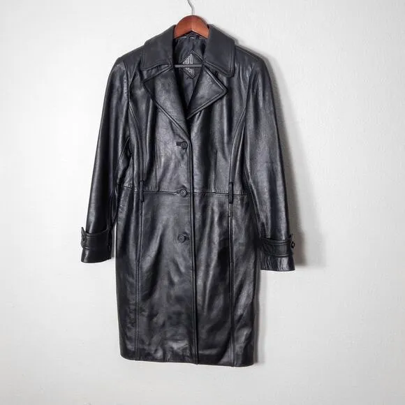Tibor Leathers Women’s Black Leather Trench Coat Belt Loops Button Tab Cuff M