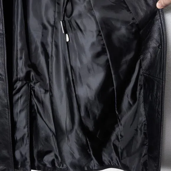 Tibor Leathers Women’s Black Leather Trench Coat Belt Loops Button Tab Cuff M