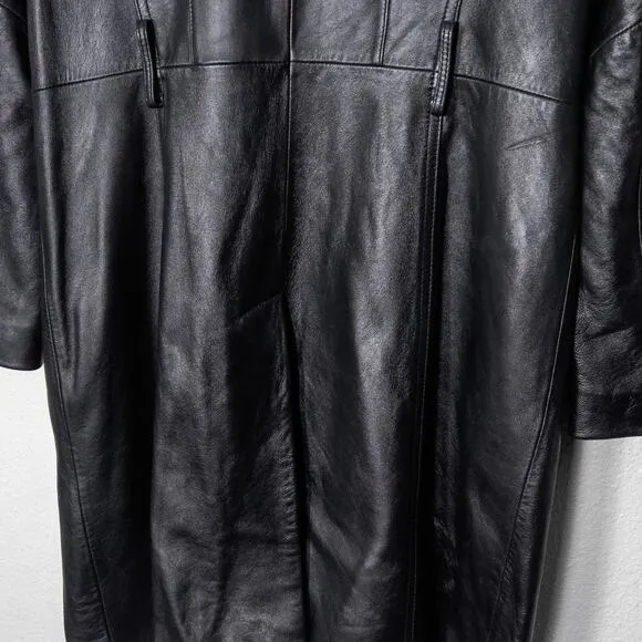 Tibor Leathers Women’s Black Leather Trench Coat Belt Loops Button Tab Cuff M