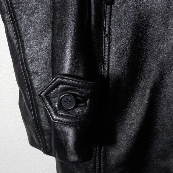 Tibor Leathers Women’s Black Leather Trench Coat Belt Loops Button Tab Cuff M