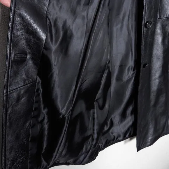 Tibor Leathers Women’s Black Leather Trench Coat Belt Loops Button Tab Cuff M