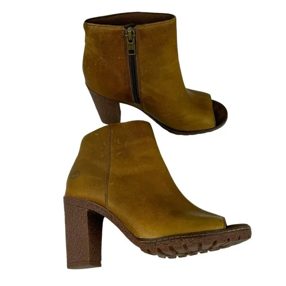 Timberland Women's Size 6 Tillston Peep Toe Leather Boots Ankle Booties Tan