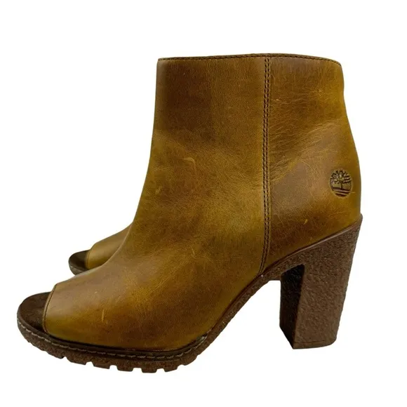 Timberland Women's Size 6 Tillston Peep Toe Leather Boots Ankle Booties Tan