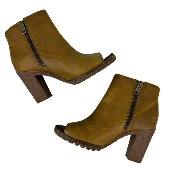 Timberland Women's Size 6 Tillston Peep Toe Leather Boots Ankle Booties Tan