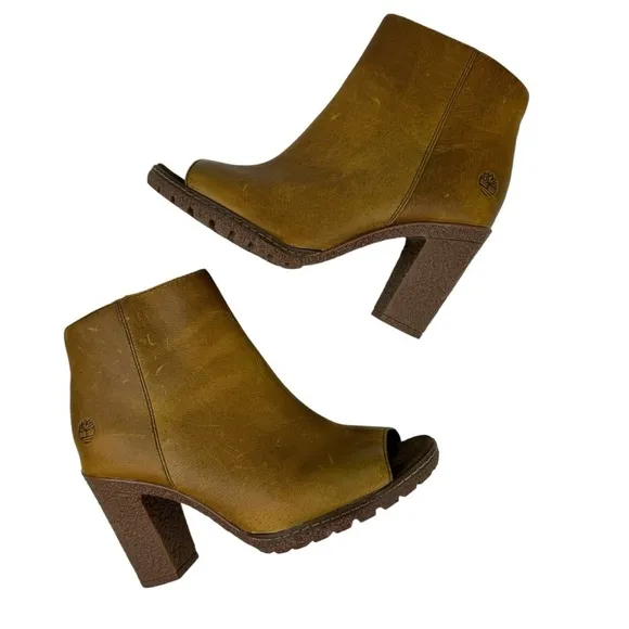 Timberland Women's Size 6 Tillston Peep Toe Leather Boots Ankle Booties Tan