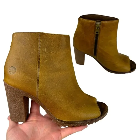 Timberland Women's Size 6 Tillston Peep Toe Leather Boots Ankle Booties Tan