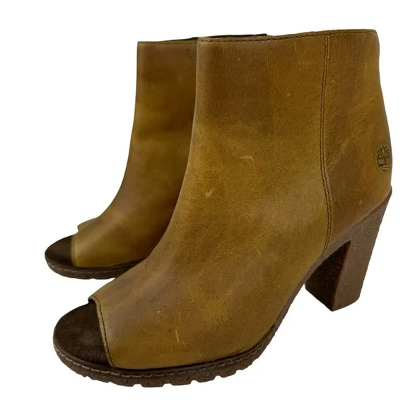 Timberland Women's Size 6 Tillston Peep Toe Leather Boots Ankle Booties Tan