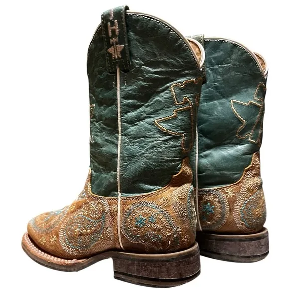 Tin Haul Boots Girls Embroidered Leather Feather Boots 12 B Turquoise