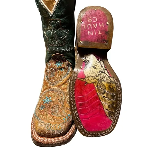 Tin Haul Boots Girls Embroidered Leather Feather Boots 12 B Turquoise