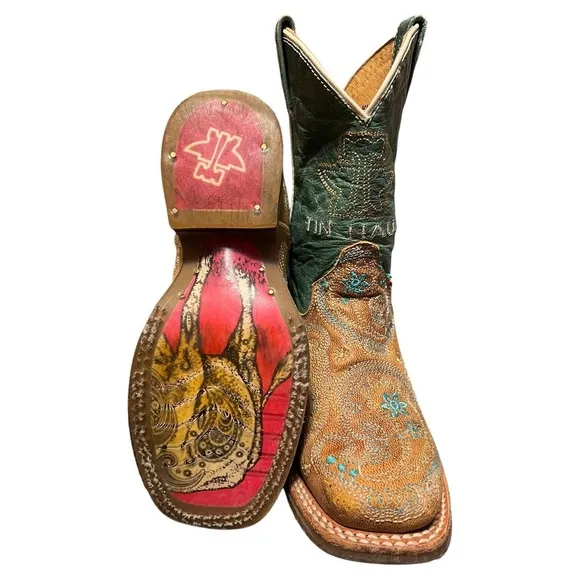Tin Haul Boots Girls Embroidered Leather Feather Boots 12 B Turquoise