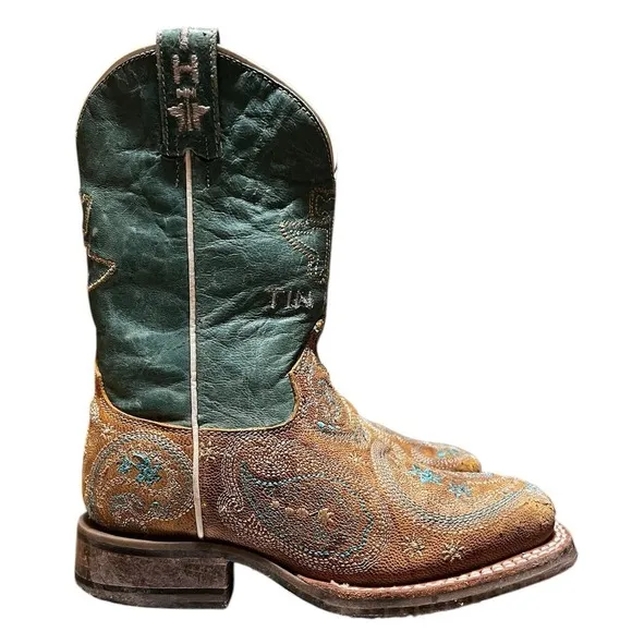 Tin Haul Boots Girls Embroidered Leather Feather Boots 12 B Turquoise