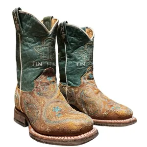 Tin Haul Boots Girls Embroidered Leather Feather Boots 12 B Turquoise