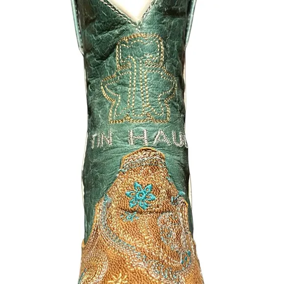 Tin Haul Boots Girls Embroidered Leather Feather Boots 12 B Turquoise