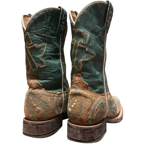 Tin Haul Boots Girls Embroidered Leather Feather Boots 12 B Turquoise