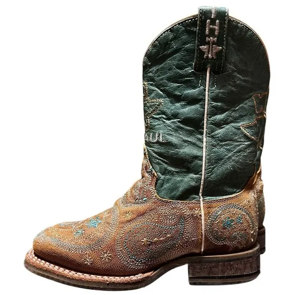 Tin Haul Boots Girls Embroidered Leather Feather Boots 12 B Turquoise