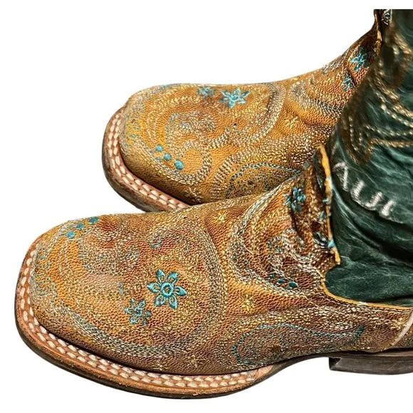 Tin Haul Boots Girls Embroidered Leather Feather Boots 12 B Turquoise