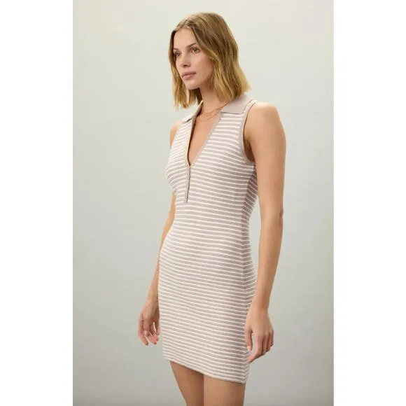 TOCCIN X RTR Sleeveless Beige and White Striped Henley Mini Dress XL