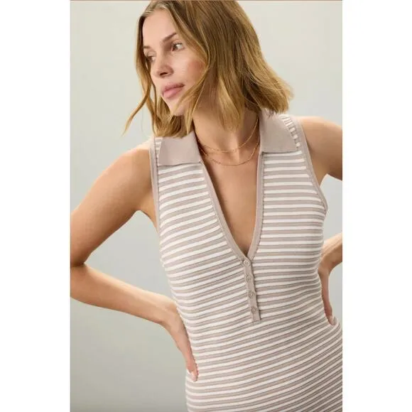 TOCCIN X RTR Sleeveless Beige and White Striped Henley Mini Dress XL