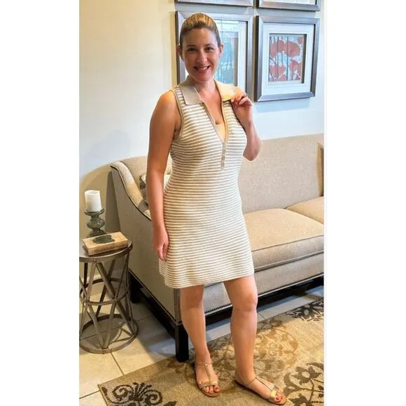 TOCCIN X RTR Sleeveless Beige and White Striped Henley Mini Dress XL