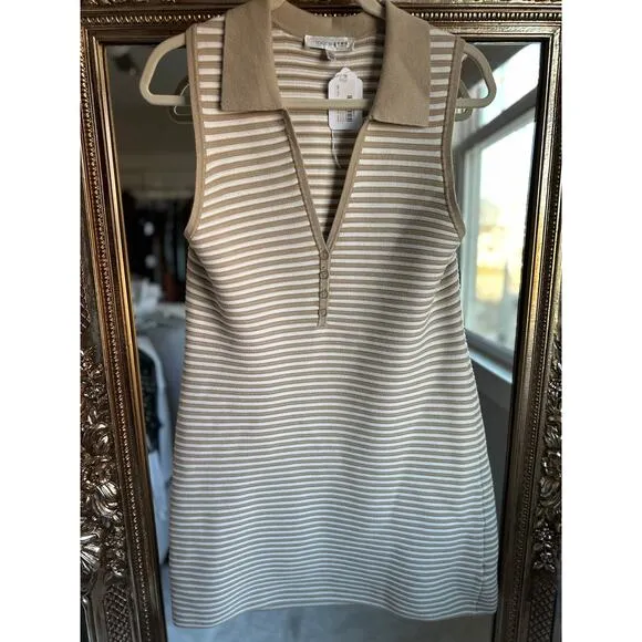 TOCCIN X RTR Sleeveless Beige and White Striped Henley Mini Dress XL
