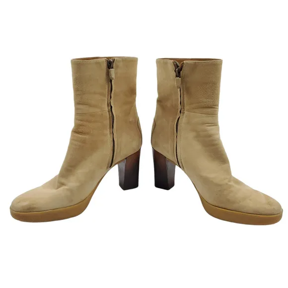Tods Boots EUR 38.5 Tan Suede Leather Mid Calf Zip Up Platform Heels Shoes