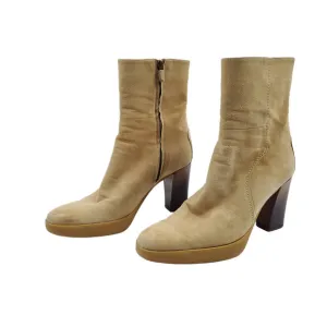Tods Boots EUR 38.5 Tan Suede Leather Mid Calf Zip Up Platform Heels Shoes