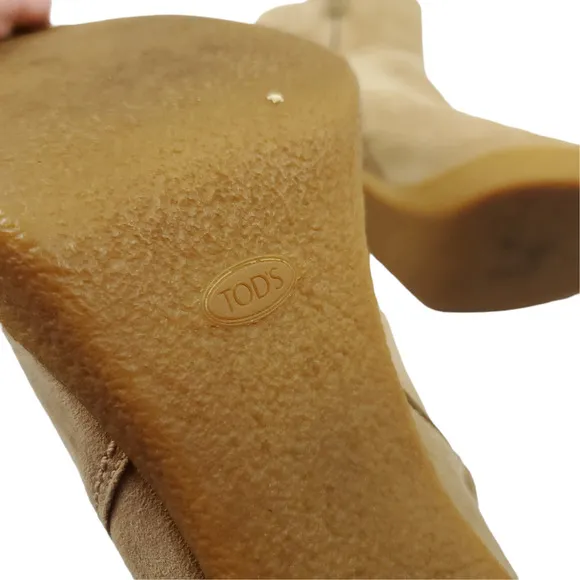 Tods Boots EUR 38.5 Tan Suede Leather Mid Calf Zip Up Platform Heels Shoes