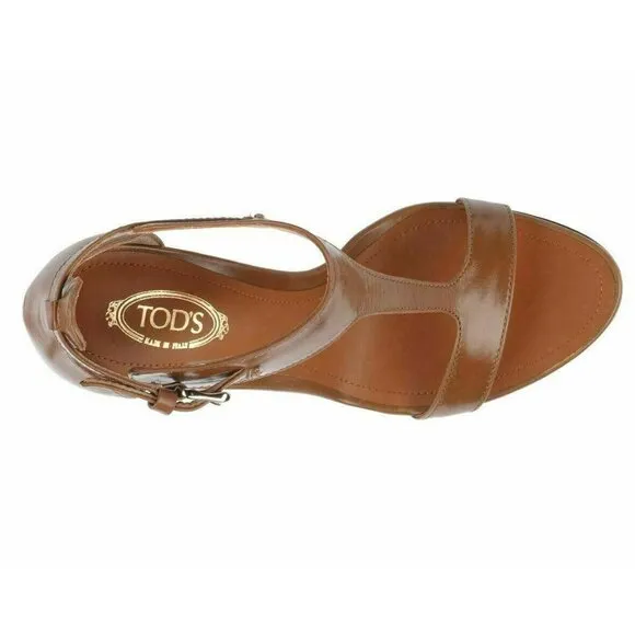 TOD'S SHOES BROWN LEATHER T-STRAP HIGH HEEL PLATFORM SANDALS sz IT 40.5 US 10.5