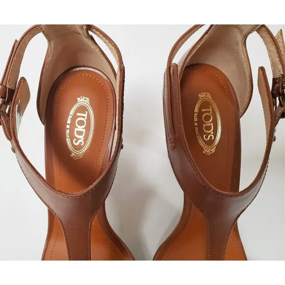 TOD'S SHOES BROWN LEATHER T-STRAP HIGH HEEL PLATFORM SANDALS sz IT 40.5 US 10.5